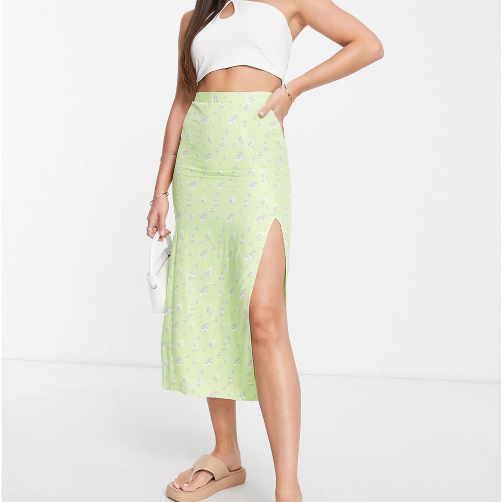 ASOS DESIGN Tall midi slip skirt with thigh split in lime floral print